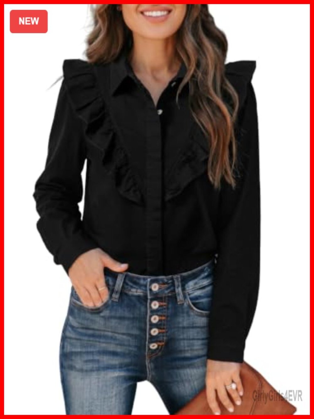 Womens Denim Button Down Shirt Long Sleeve V-Neck Ruffled Chambray Top